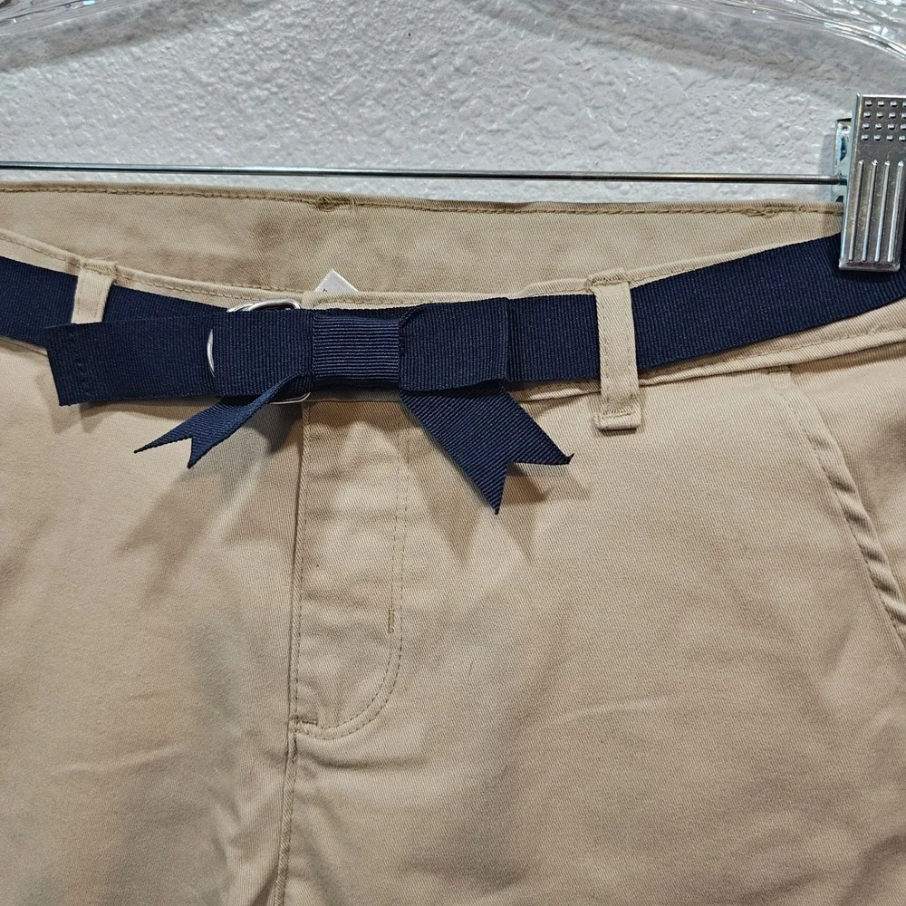 Gymboree Girls Sahara Tan Chino Shorts Nanotex Wrinkle Defense Navy Belt Size 12